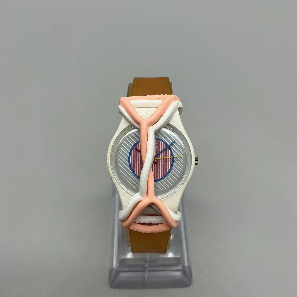 Vtg Swatch Raspberry Womens Watch 25mm White Blue Dial Brown Strap New Battery